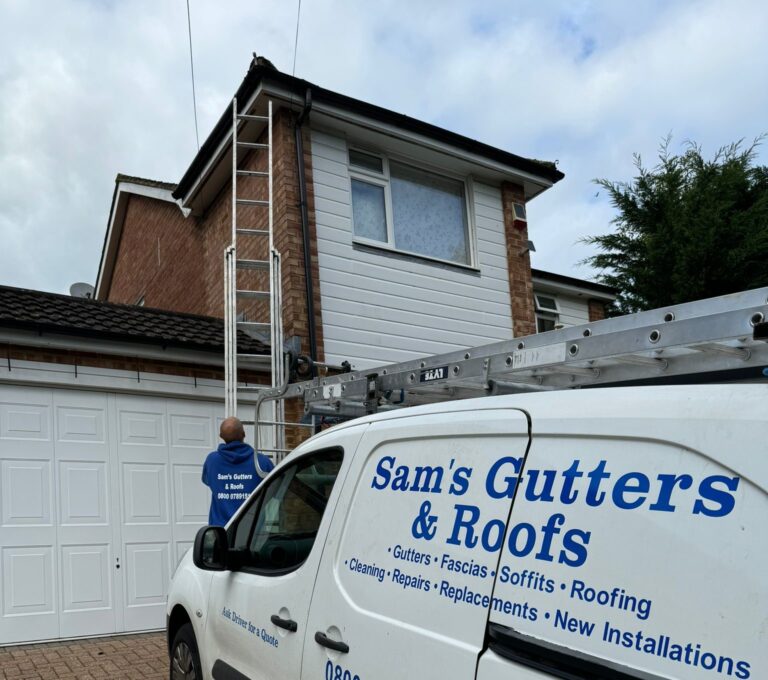 Roofer is placing the ladder